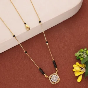 Traditional Gold Plated Mangalsutra with Temple Style Pendant and Black Bead Chain