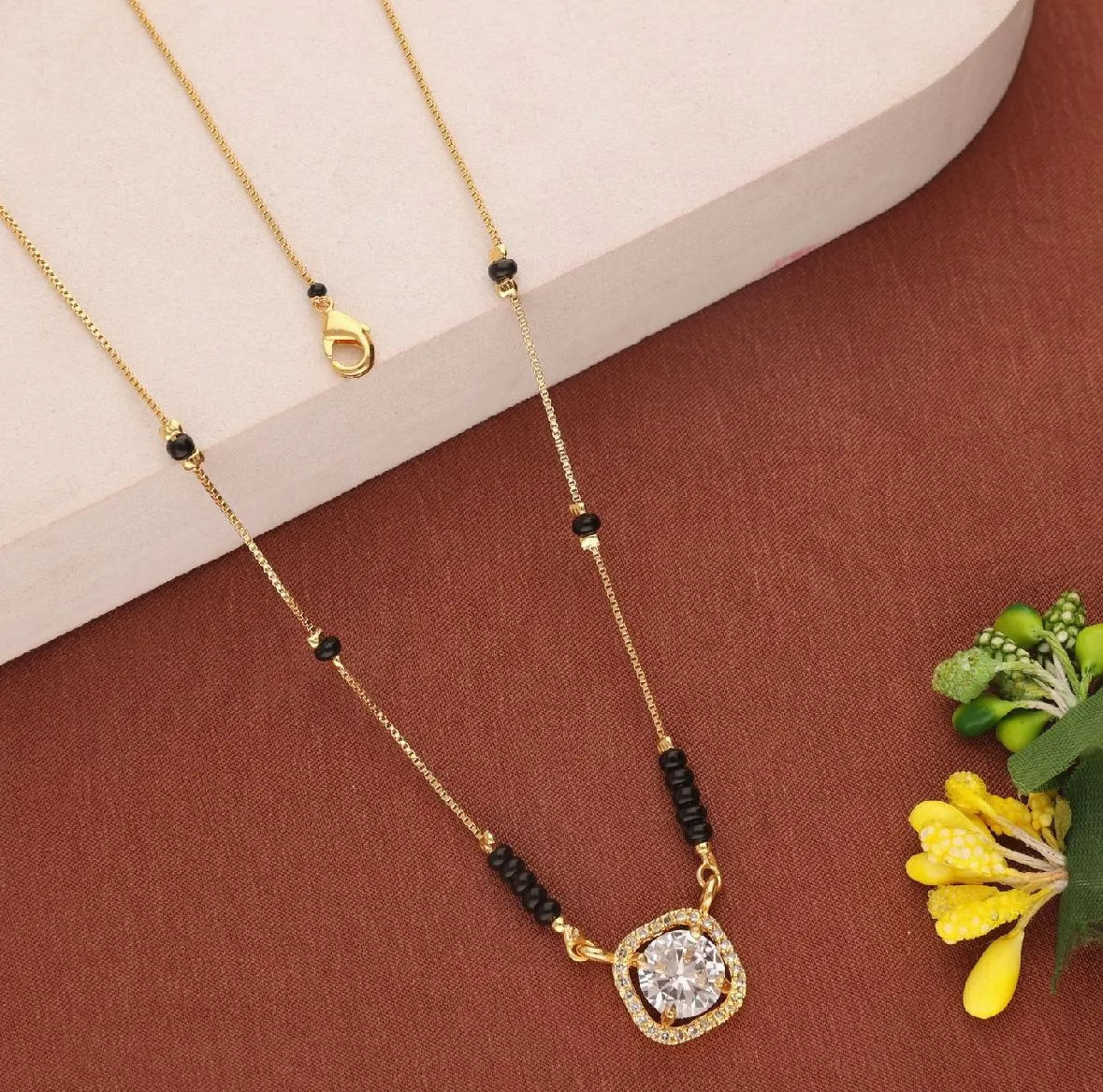 Traditional Gold Plated Mangalsutra with Temple Style Pendant and Black Bead Chain