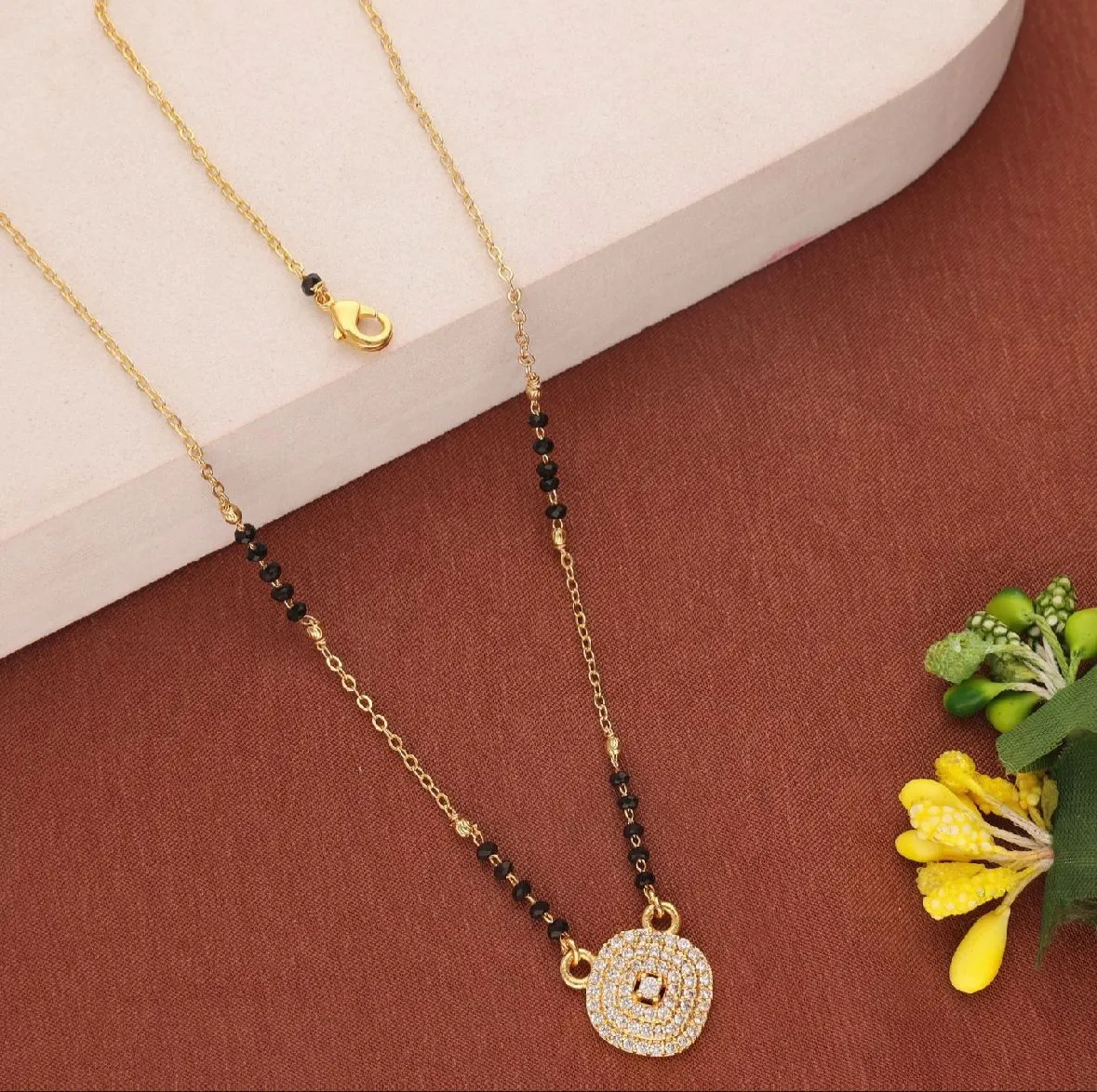 Elegant Gold Plated Mangalsutra with Drop Pendant and Black Bead Chain