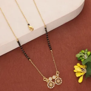 Designer Gold Plated Mangalsutra with Curved Bar Pendant and Crystal Detailing