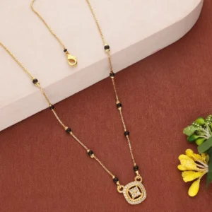 Elegant Gold Plated Mangalsutra with Circular Motif Pendant and Dual Black Bead Chain