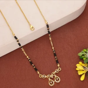 Graceful Gold Plated Mangalsutra with Floral Pendant and Black Bead Chain