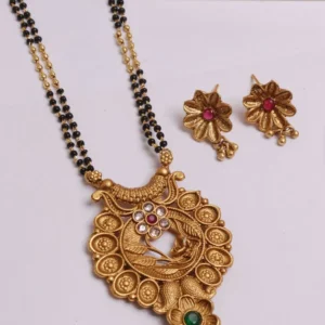 Traditional Gold Plated Peacock Design Mangalsutra Set with Earrings for Women